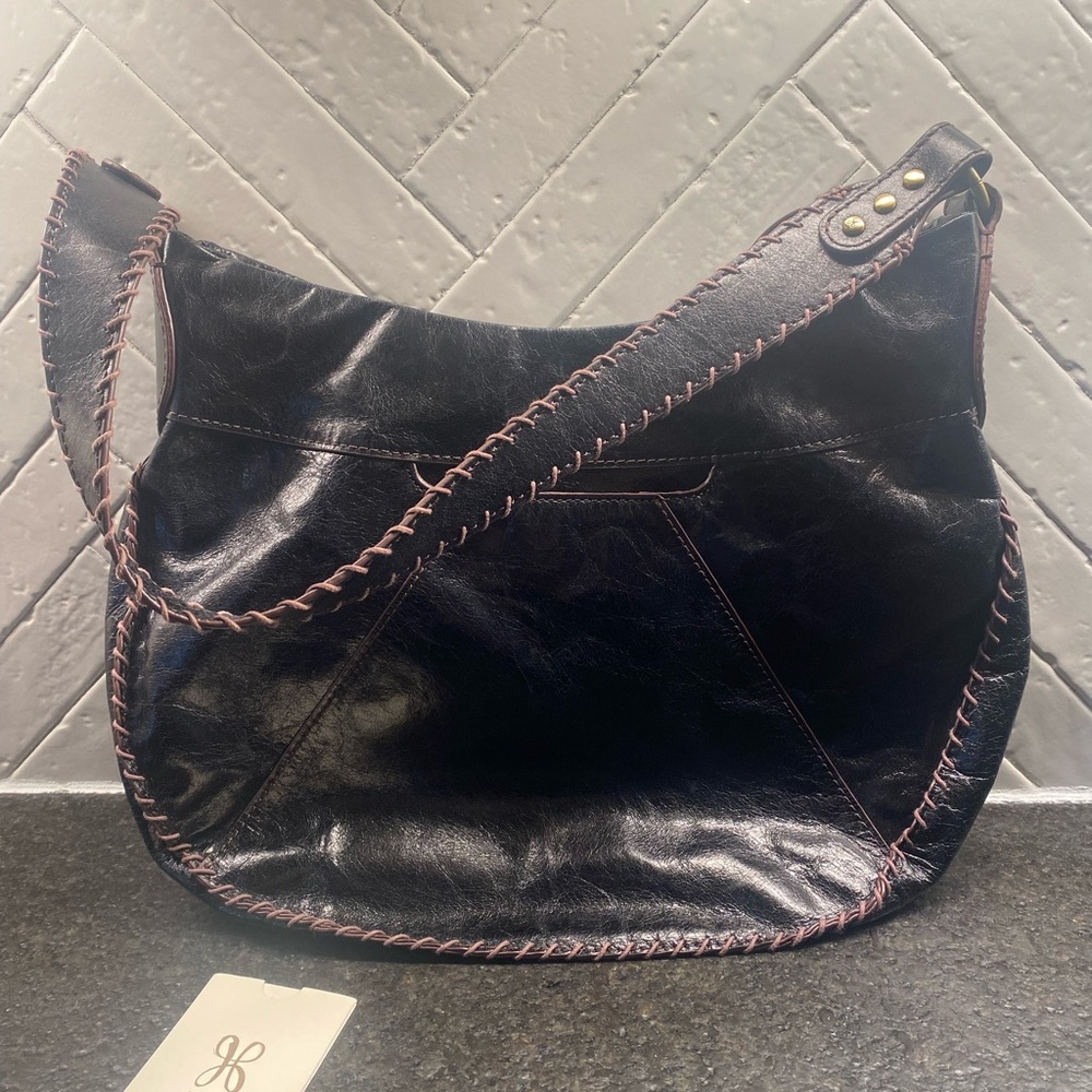 HOBO Black Leather Shoulder Bag with Brown Stitching